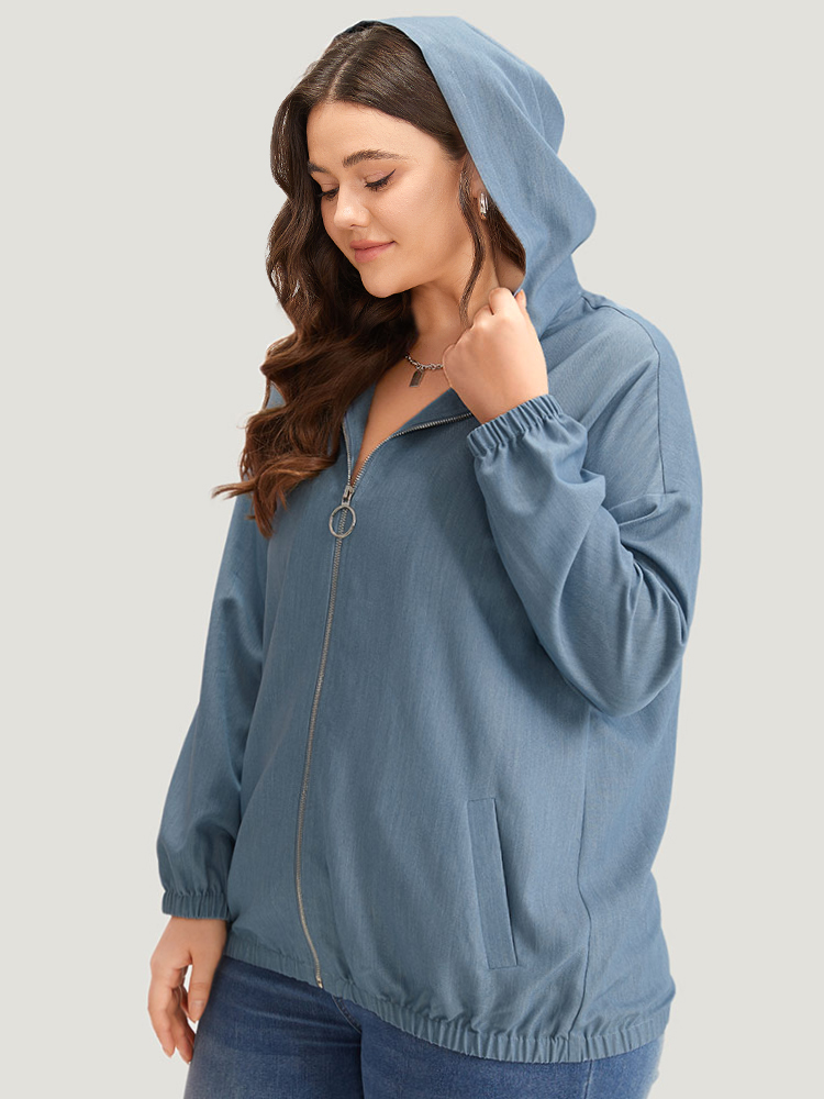 Plus Size Lapel Collar Hooded Zipper Pocket Elastic Hem Jacket Women Stone Elastic cuffs Pocket Dailywear Jackets BloomChic 28/5X 