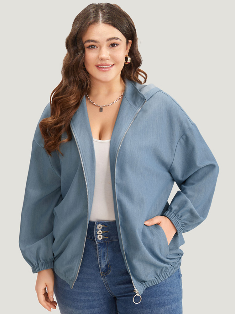 Plus Size Lapel Collar Hooded Zipper Pocket Elastic Hem Jacket Women Stone Elastic cuffs Pocket Dailywear Jackets BloomChic 28/5X 