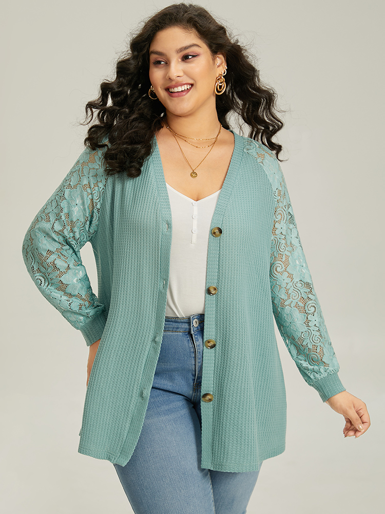 

Plus Size Plain Lace Patchwork Texture Raglan Sleeve Coat Women Turquoise Casual Texture Dailywear Kimonos BloomChic