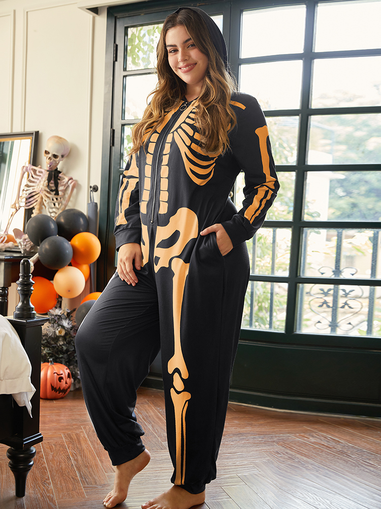 

Plus Size Halloween Skull Print Hooded Zipper Sleep Jumpsuit Women Chocolate Casual Graphic-Halloween Printed Hooded Pocket Loungewear BloomChic