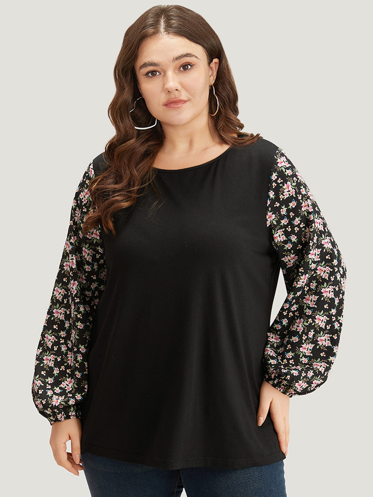 

Plus Size Crew Neck Patchwork Ditsy Floral T-shirt Black Women Elegant Elastic cuffs Ditsy Floral Round Neck Dailywear T-shirts BloomChic