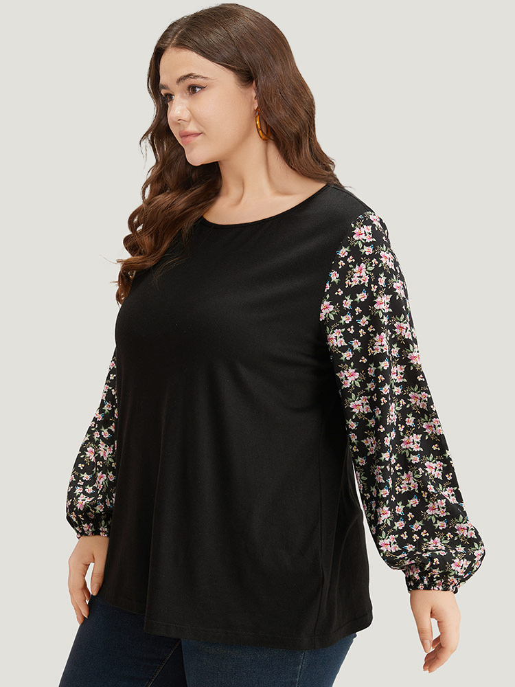 

Plus Size Crew Neck Patchwork Ditsy Floral T-shirt Black Women Elegant Elastic cuffs Ditsy Floral Round Neck Dailywear T-shirts BloomChic