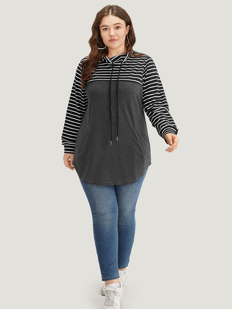 

Plus Size Mock Neck Striped Patchwork Drawstring Sweatshirt Women DimGray Casual Contrast Mock Neck Everyday Sweatshirts BloomChic