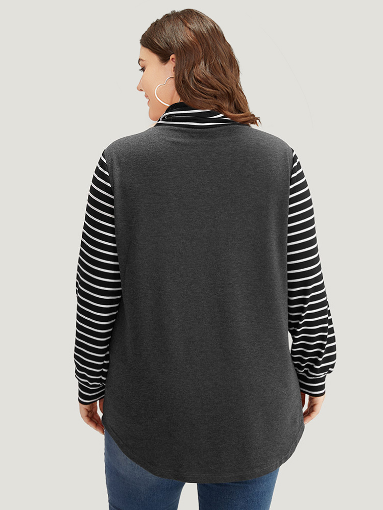 Plus Size Mock Neck Striped Patchwork Drawstring Sweatshirt Women DimGray Casual Contrast Mock Neck Everyday Sweatshirts BloomChic 30/6X 