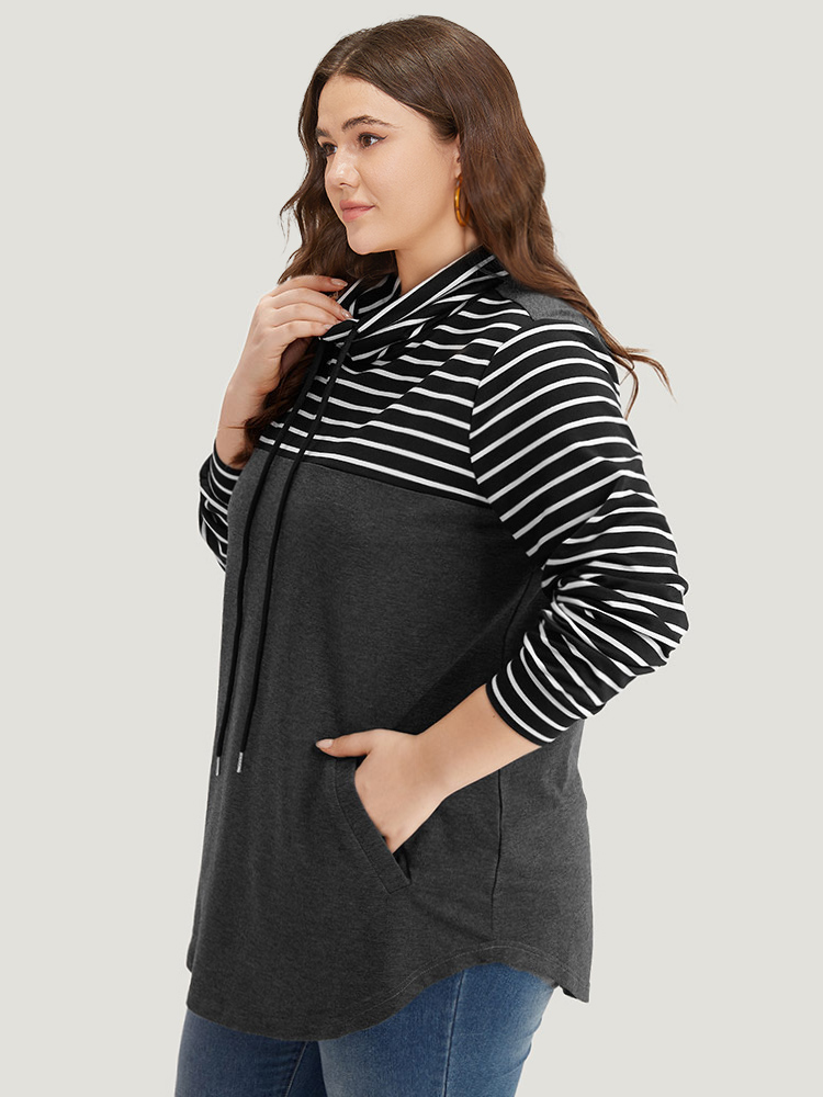 

Plus Size Mock Neck Striped Patchwork Drawstring Sweatshirt Women DimGray Casual Contrast Mock Neck Everyday Sweatshirts BloomChic