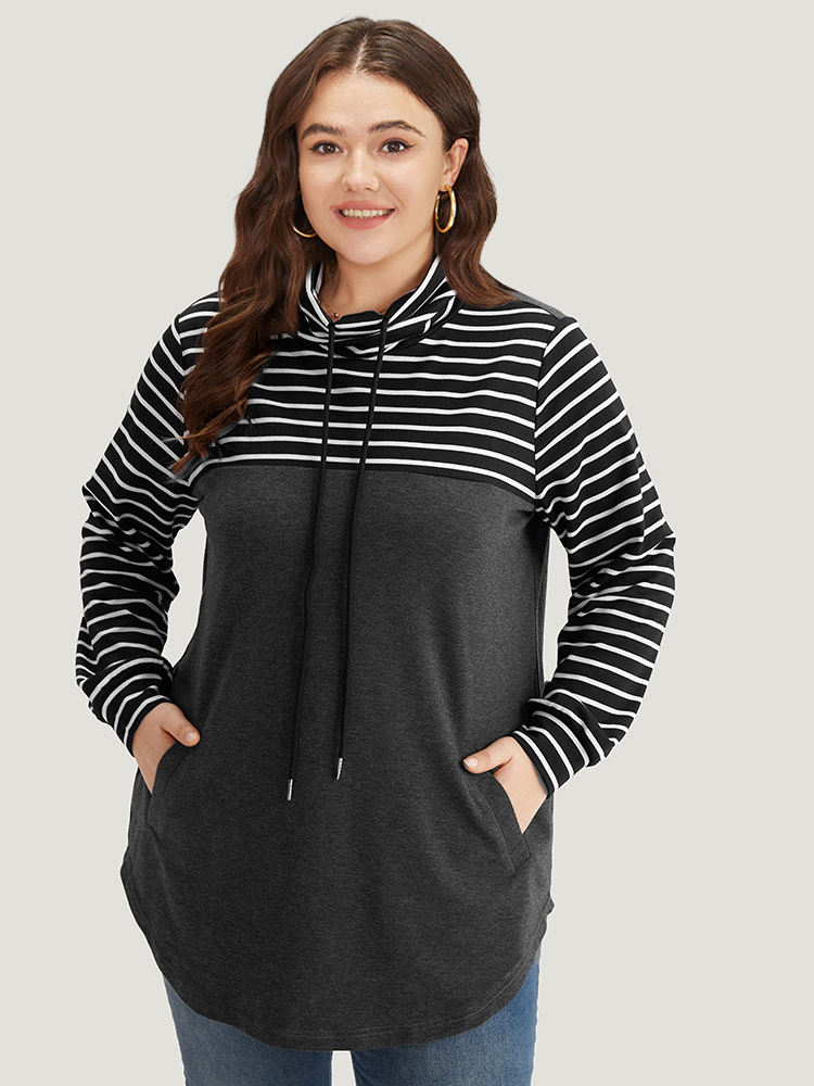 Plus Size Mock Neck Striped Patchwork Drawstring Sweatshirt Women DimGray Casual Contrast Mock Neck Everyday Sweatshirts BloomChic 30/6X 