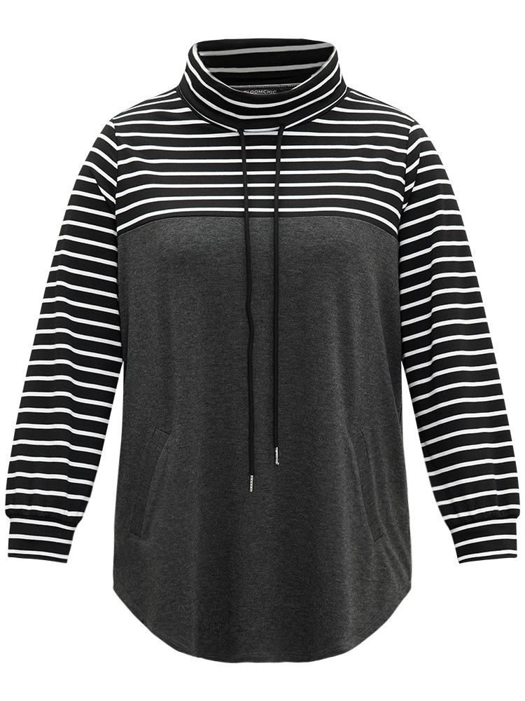 Plus Size Mock Neck Striped Patchwork Drawstring Sweatshirt Women DimGray Casual Contrast Mock Neck Everyday Sweatshirts BloomChic 30/6X 