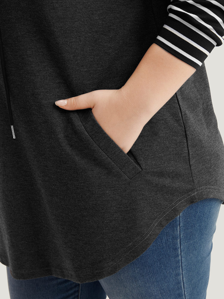 Plus Size Mock Neck Striped Patchwork Drawstring Sweatshirt Women DimGray Casual Contrast Mock Neck Everyday Sweatshirts BloomChic 30/6X 