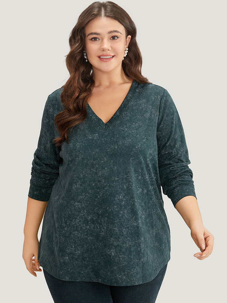 Plus Size Solid Vintage V Neck Sweatshirt Women Cyan Casual Plain V-neck Dailywear Sweatshirts BloomChic 14-16/1X 