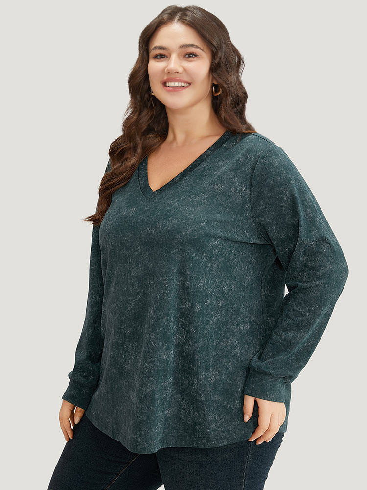 Plus Size Solid Vintage V Neck Sweatshirt Women Cyan Casual Plain V-neck Dailywear Sweatshirts BloomChic 14-16/1X 