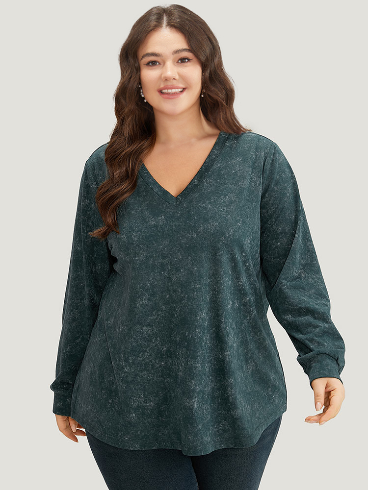 Plus Size Solid Vintage V Neck Sweatshirt Women Cyan Casual Plain V-neck Dailywear Sweatshirts BloomChic 14-16/1X 