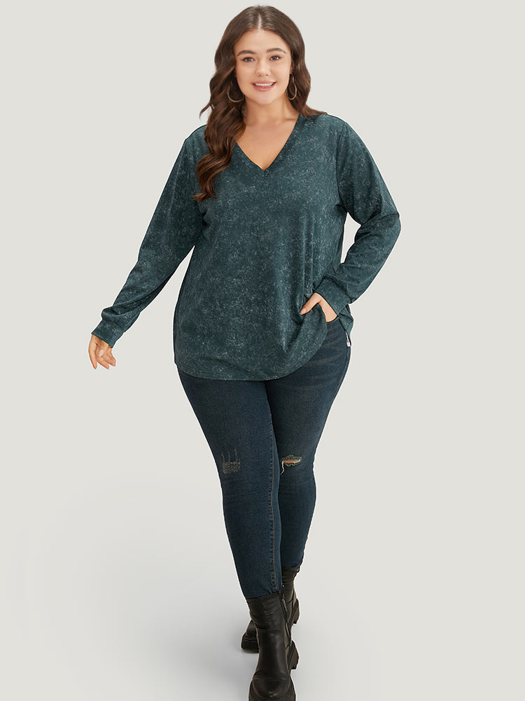 Plus Size Solid Vintage V Neck Sweatshirt Women Cyan Casual Plain V-neck Dailywear Sweatshirts BloomChic 14-16/1X 