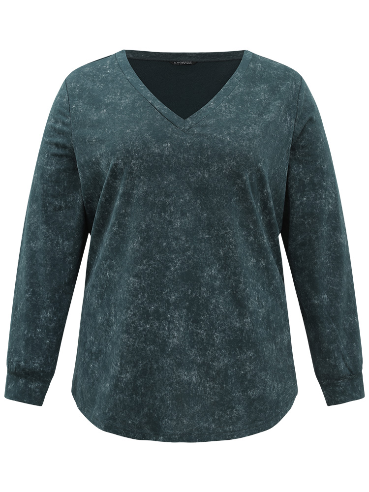 Plus Size Solid Vintage V Neck Sweatshirt Women Cyan Casual Plain V-neck Dailywear Sweatshirts BloomChic 14-16/1X 