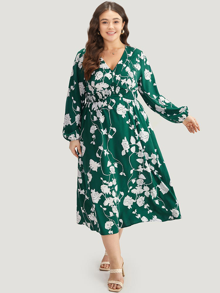 

Plus Size Silhouette Floral Print Shirred Elastic Cuffs Dress DarkGreen Women Elegant Elastic cuffs V-neck Long Sleeve Curvy Midi Dress BloomChic