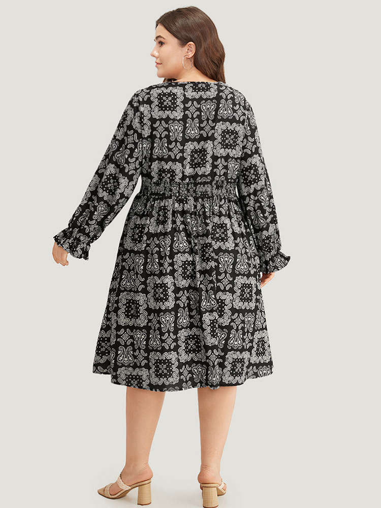 Plus Size Women Dailywear Bohemian Print Printed Lantern Sleeve Long Sleeve V-neck Pocket Vacation Dresses BloomChic 