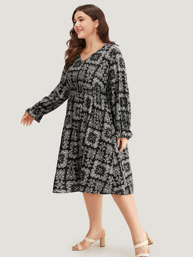 Plus Size Women Dailywear Bohemian Print Printed Lantern Sleeve Long Sleeve V-neck Pocket Vacation Dresses BloomChic 