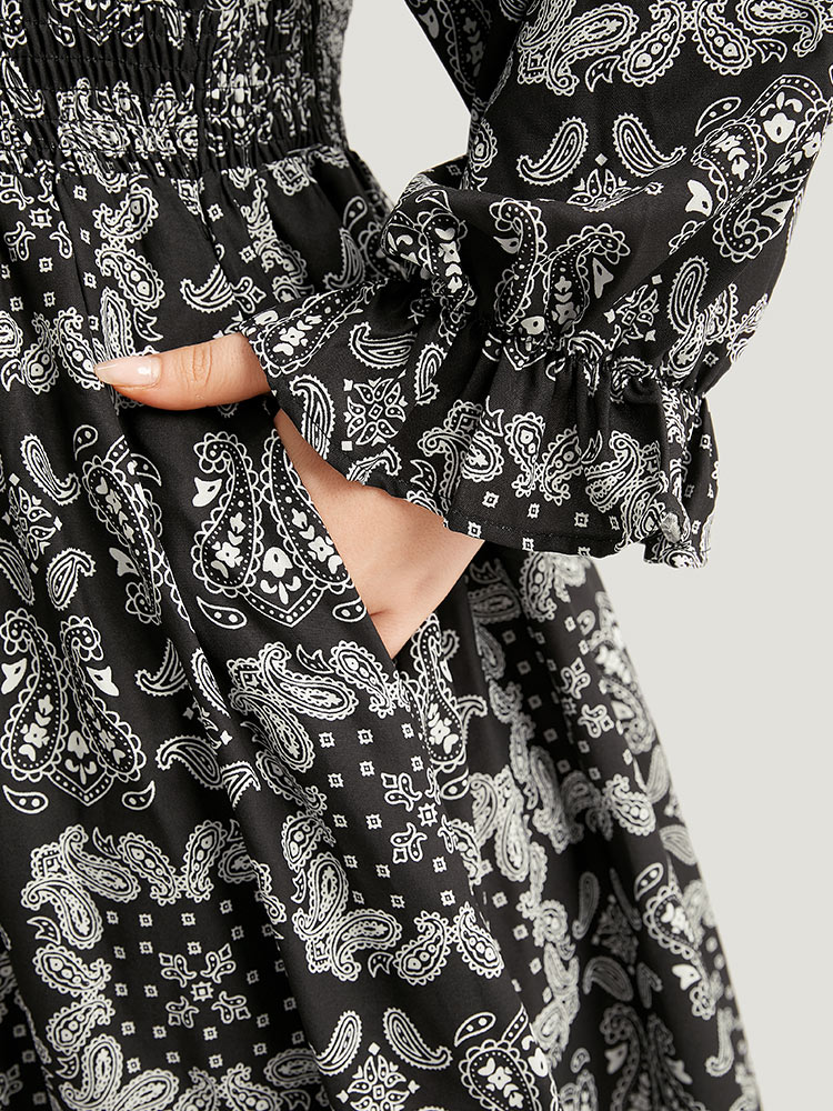 Plus Size Women Dailywear Bohemian Print Printed Lantern Sleeve Long Sleeve V-neck Pocket Vacation Dresses BloomChic 