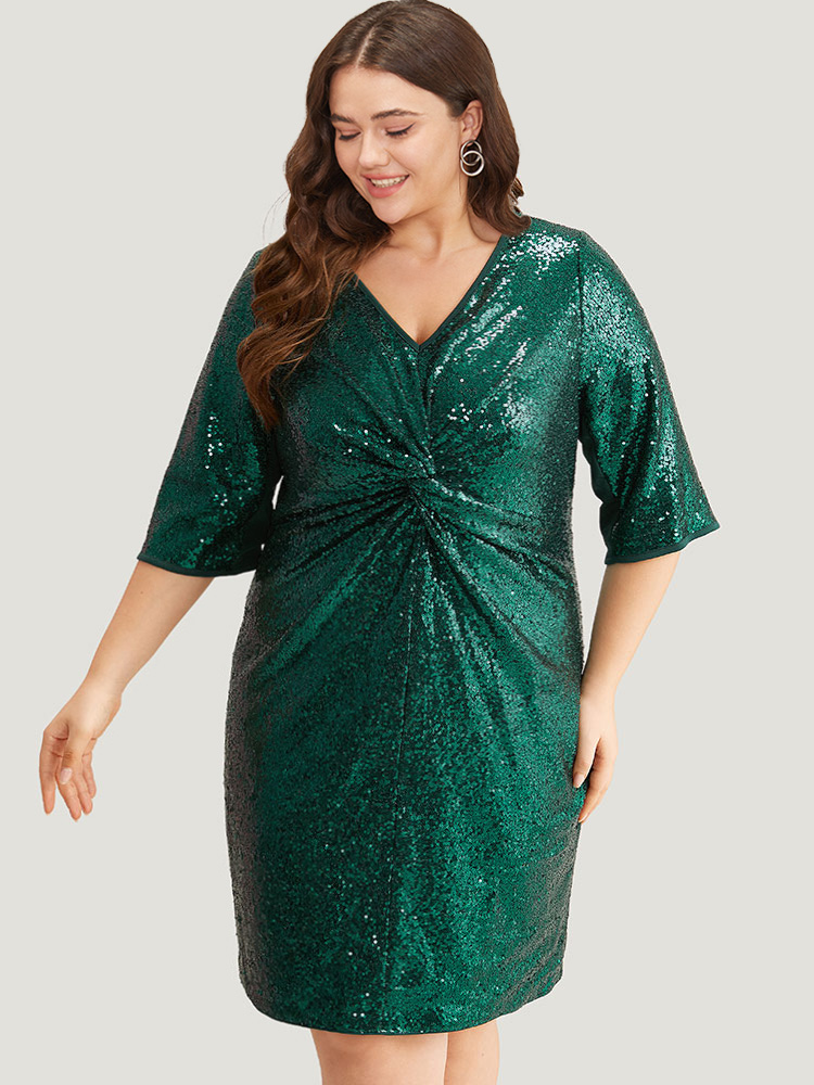 

Plus Size Sequin Twist Front V Neck Dress DarkGreen Women Party Plain V-neck Short sleeve Curvy Knee Dress BloomChic