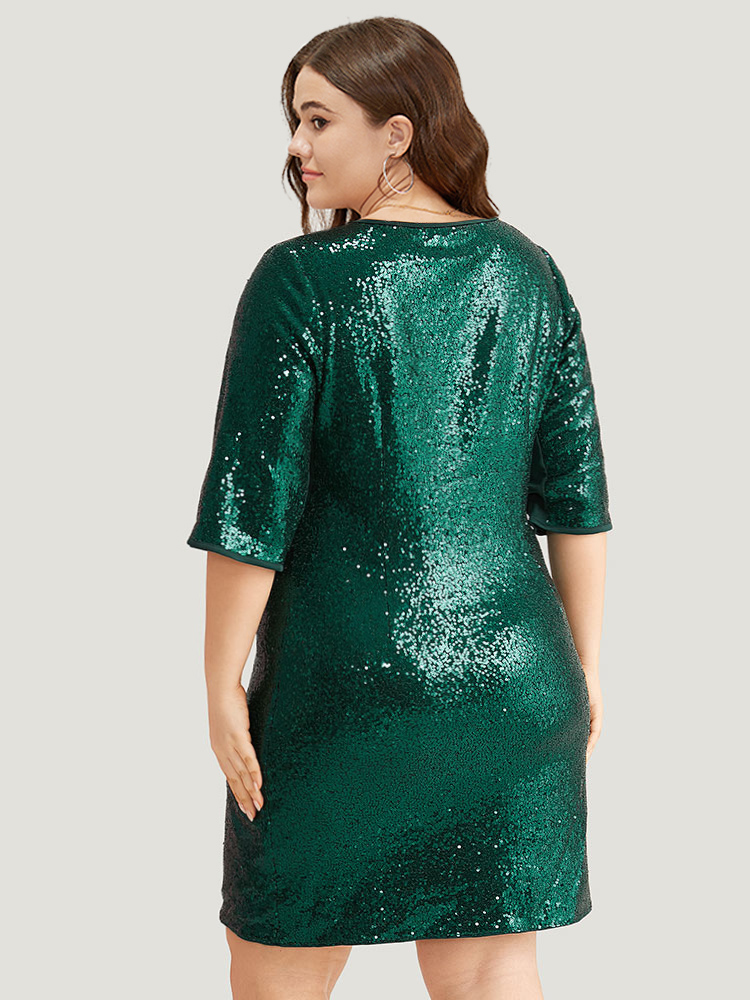 Plus Size Sequin Twist Front V Neck Dress DarkGreen Women Party Plain V-neck Short sleeve Curvy Knee Dress BloomChic 14-16/1X 