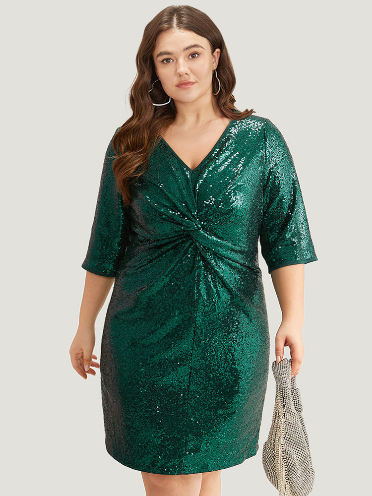 Plus Size Sequin Twist Front V Neck Dress DarkGreen Women Party Plain V-neck Short sleeve Curvy Knee Dress BloomChic 14-16/1X 