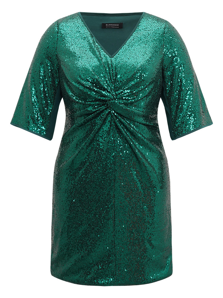 Plus Size Sequin Twist Front V Neck Dress DarkGreen Women Party Plain V-neck Short sleeve Curvy Knee Dress BloomChic 14-16/1X 