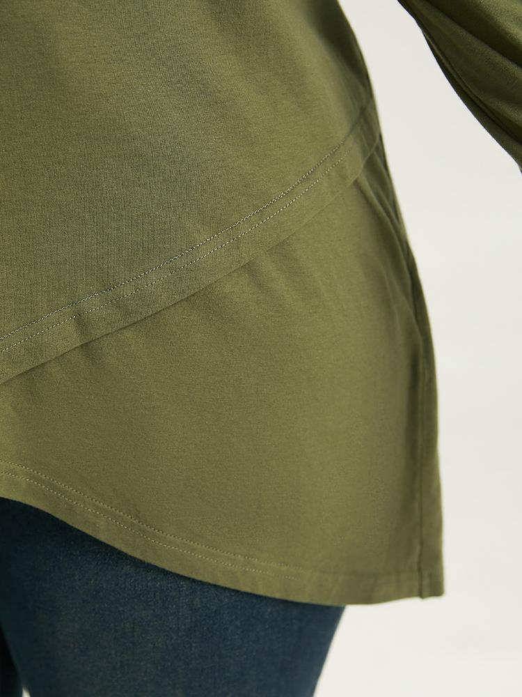 

Plain Hooded Wrap Hem Thumb Hole T-shirt, Armygreen