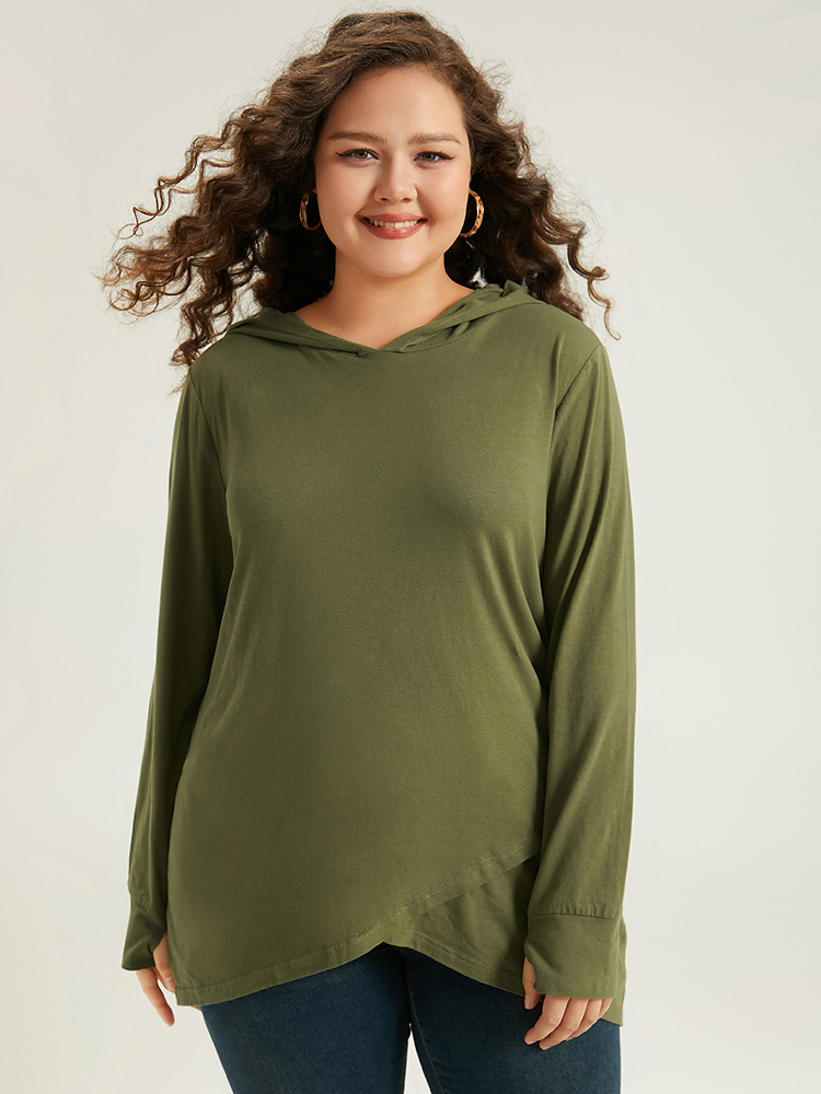 

Plus Size Plain Hooded Wrap Hem Thumb Hole T-shirt ArmyGreen Hooded Long Sleeve Casual Jersey Tops