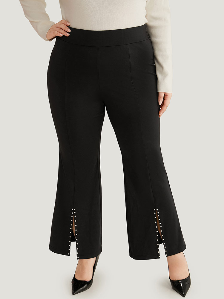 

Plus Size Bootcut Pearl Beaded Split Front Pants Women Black Office Flare Leg High Rise Work Pants BloomChic