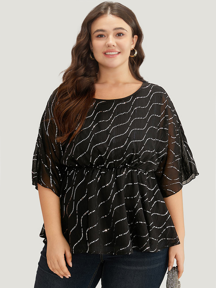 

Plus Size Black Chiffon Rhinestone Mesh Patchwork Elastic Waist Blouse Women Glamour Half Sleeve Round Neck Going out Blouses BloomChic