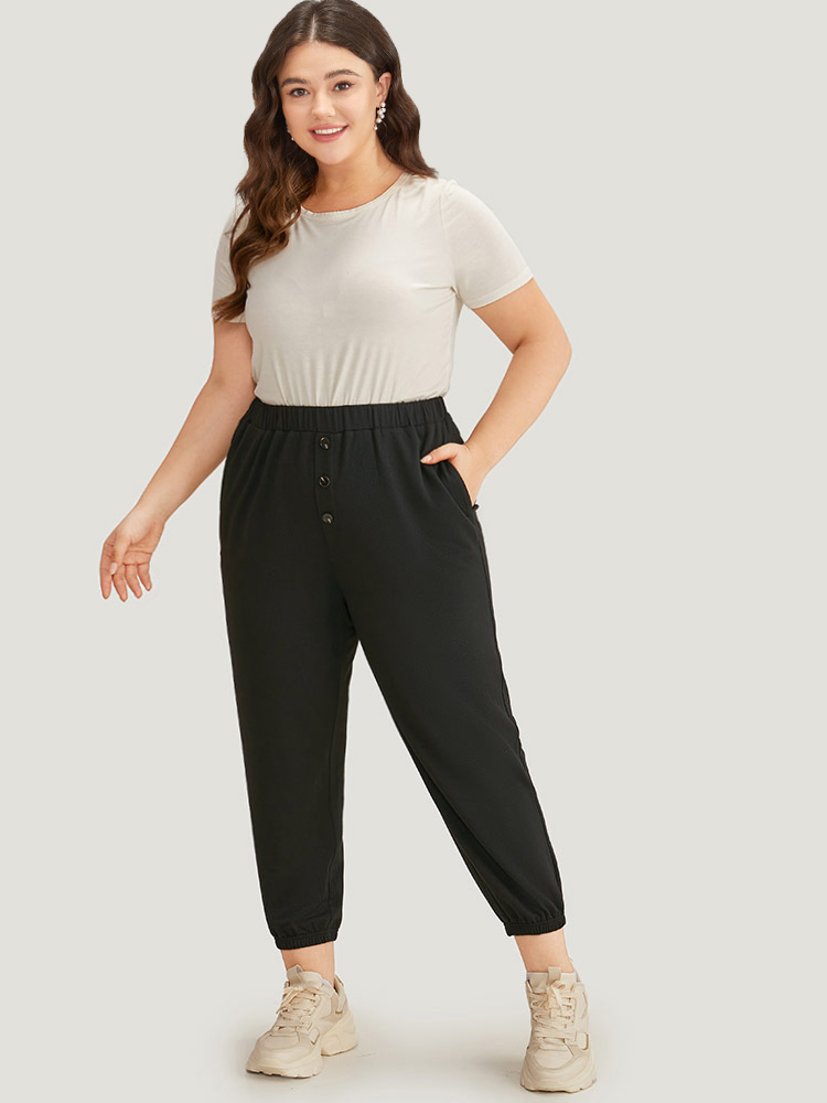 

High Rise Button Detail Elastic Waist Sweatpant Black Plus Size Women Casual Dailywear Plain  Bloomchic