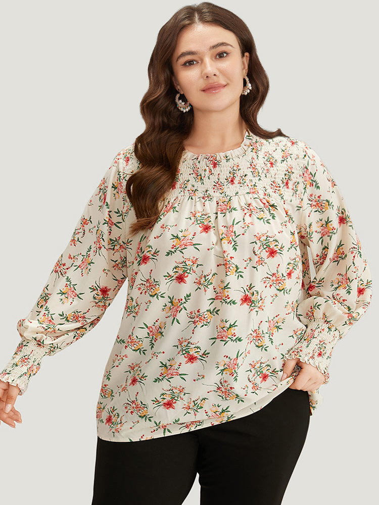 Plus Size Women Dailywear Ditsy Floral Elastic cuffs Lantern Sleeve Long Sleeve Round Neck Elegant Blouses BloomChic 