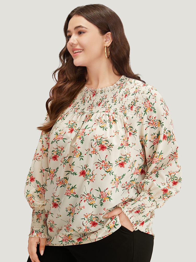 Plus Size Women Dailywear Ditsy Floral Elastic cuffs Lantern Sleeve Long Sleeve Round Neck Elegant Blouses BloomChic 
