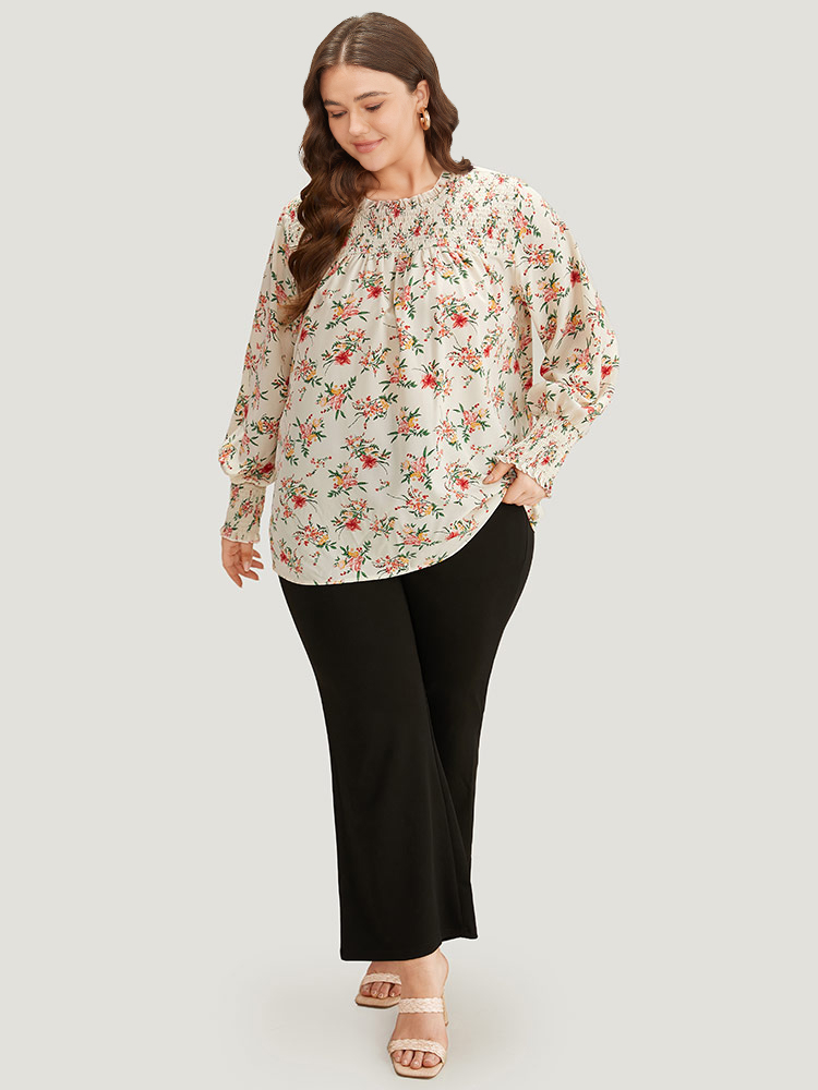 Plus Size Women Dailywear Ditsy Floral Elastic cuffs Lantern Sleeve Long Sleeve Round Neck Elegant Blouses BloomChic 