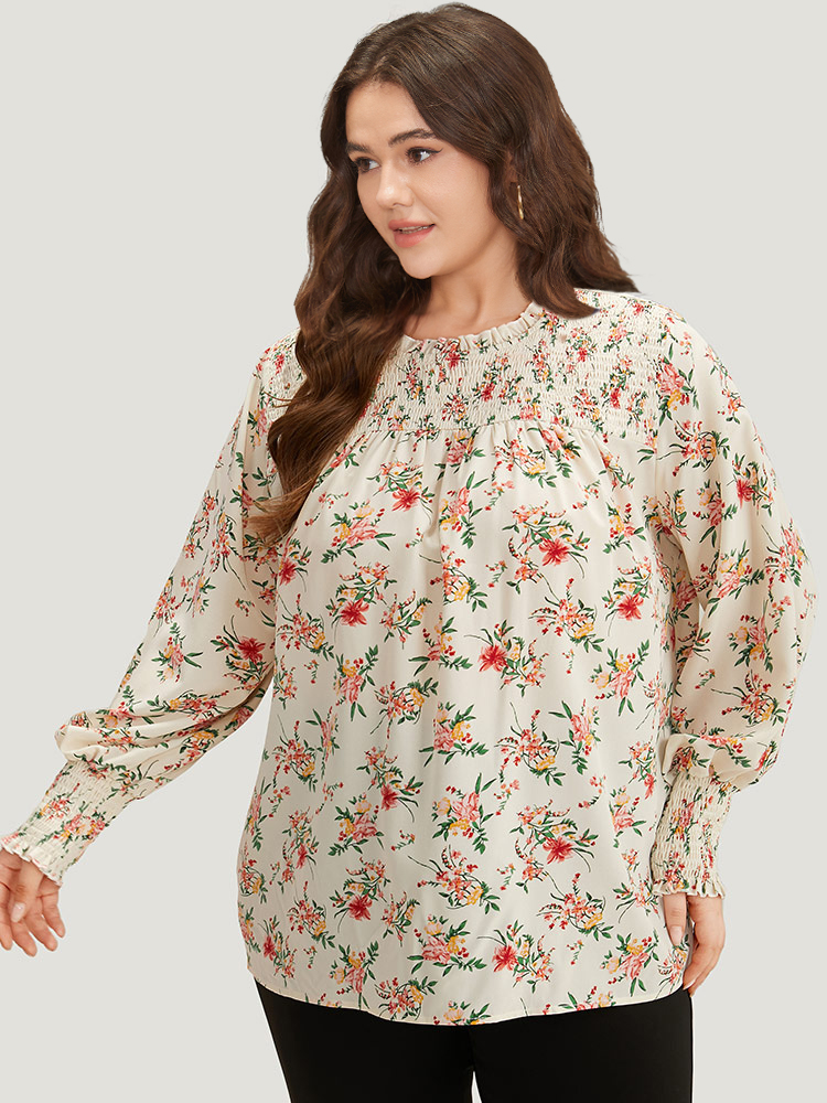 Plus Size Women Dailywear Ditsy Floral Elastic cuffs Lantern Sleeve Long Sleeve Round Neck Elegant Blouses BloomChic 