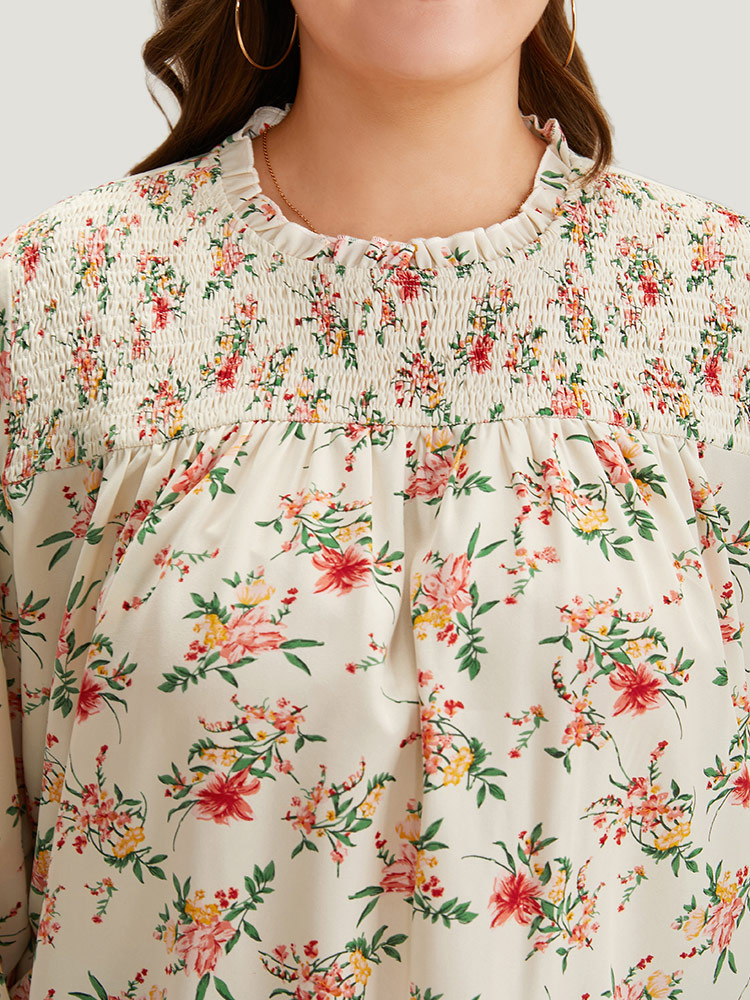 Plus Size Women Dailywear Ditsy Floral Elastic cuffs Lantern Sleeve Long Sleeve Round Neck Elegant Blouses BloomChic 