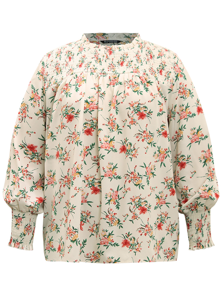 Plus Size Women Dailywear Ditsy Floral Elastic cuffs Lantern Sleeve Long Sleeve Round Neck Elegant Blouses BloomChic 