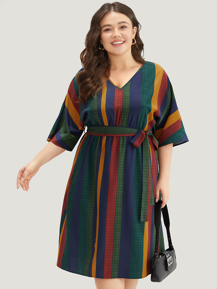 Plus Size Women Work Colorblock Belted Regular Sleeve Half Sleeve V-neck Pocket Belt Office Dresses BloomChic 