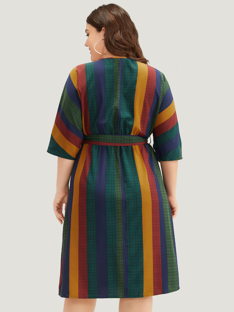 Plus Size Women Work Colorblock Belted Regular Sleeve Half Sleeve V-neck Pocket Belt Office Dresses BloomChic 