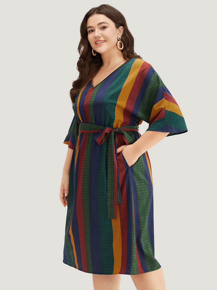 Plus Size Women Work Colorblock Belted Regular Sleeve Half Sleeve V-neck Pocket Belt Office Dresses BloomChic 