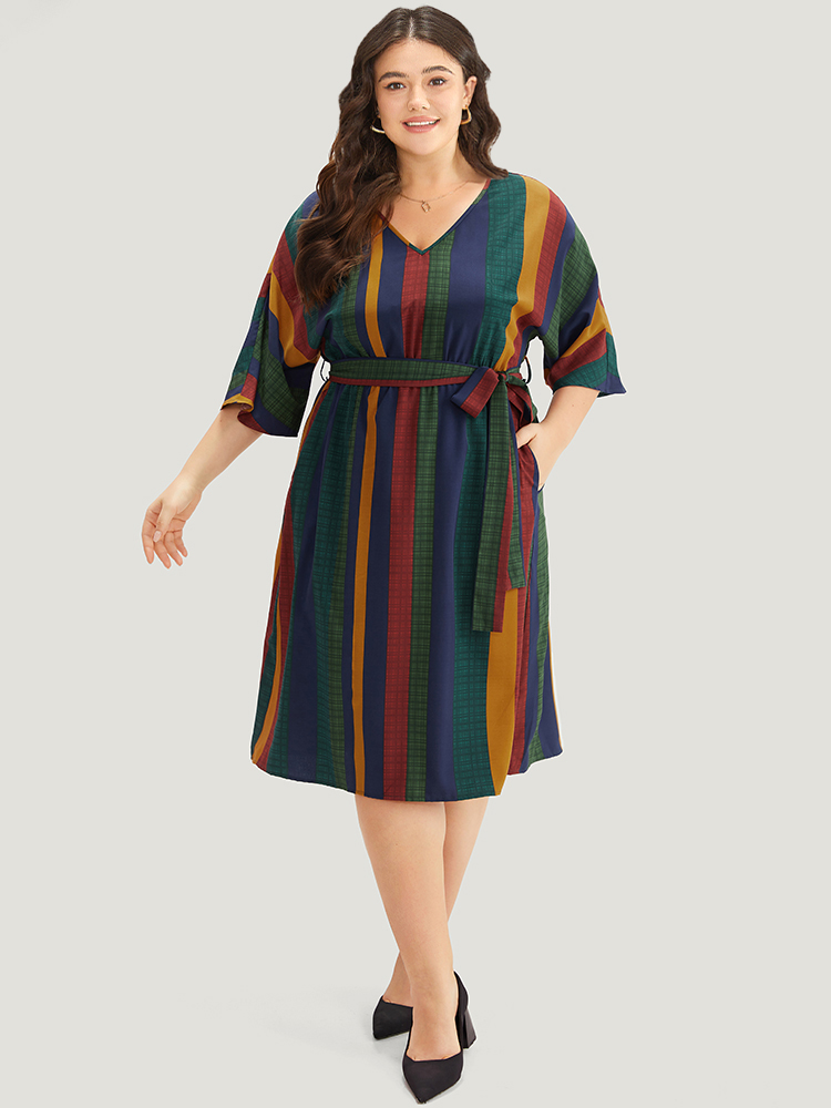 

Plus Size Colour Striped Contrast Belted Dress Multicolor Women Office Belted V-neck Half Sleeve Curvy Midi Dress BloomChic