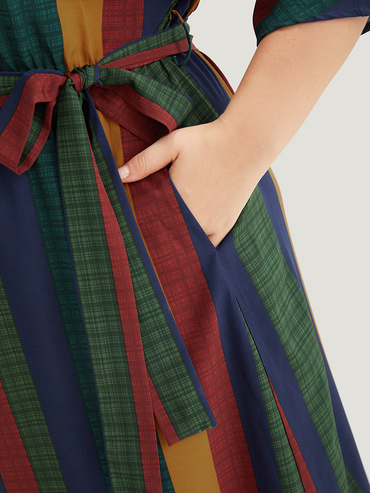 Plus Size Women Work Colorblock Belted Regular Sleeve Half Sleeve V-neck Pocket Belt Office Dresses BloomChic 