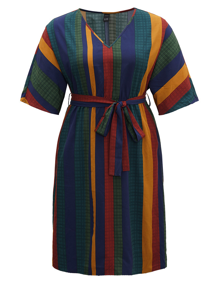 Plus Size Women Work Colorblock Belted Regular Sleeve Half Sleeve V-neck Pocket Belt Office Dresses BloomChic 