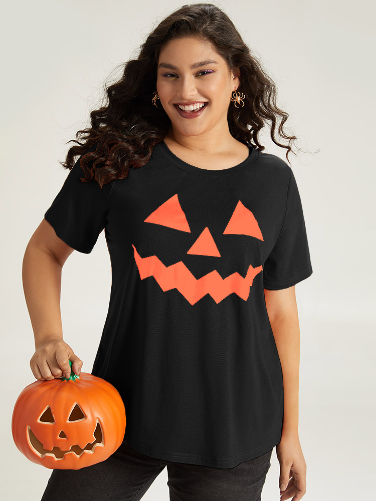 

Plus Size Halloween Print Crew Neck T-shirt Black Women Casual Printed Halloween Festival-Halloween T-shirts BloomChic