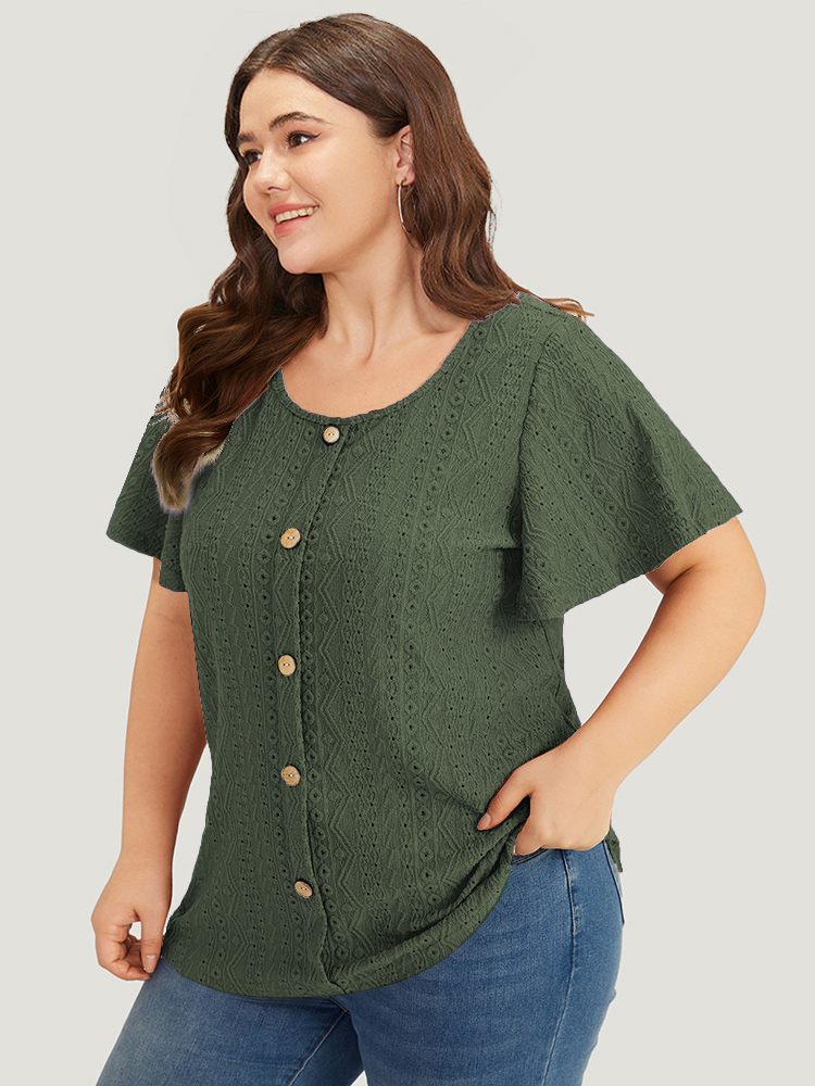 

Plus Size Embroidered Button Detail Crew Neck Flutter Sleeve T-shirt ArmyGreen Women Elegant Texture Plain Round Neck Dailywear T-shirts BloomChic