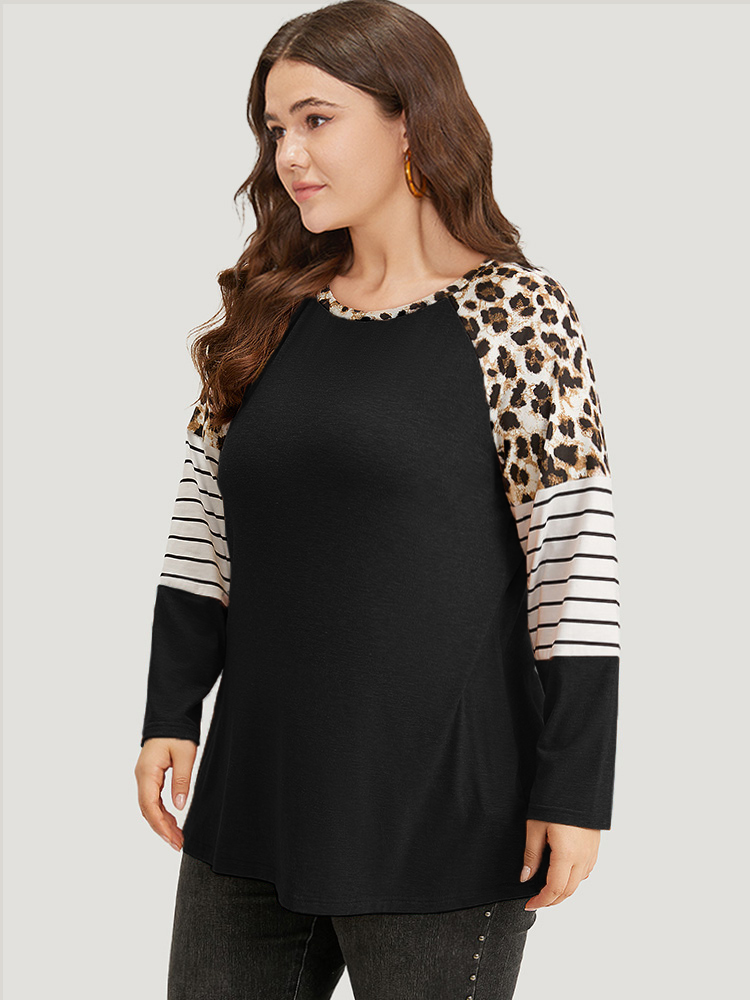 Plus Size Striped Patchwork Leopard Print Crew Neck T-shirt Black Women Casual Contrast Leopard Round Neck Dailywear T-shirts BloomChic 30/6X 