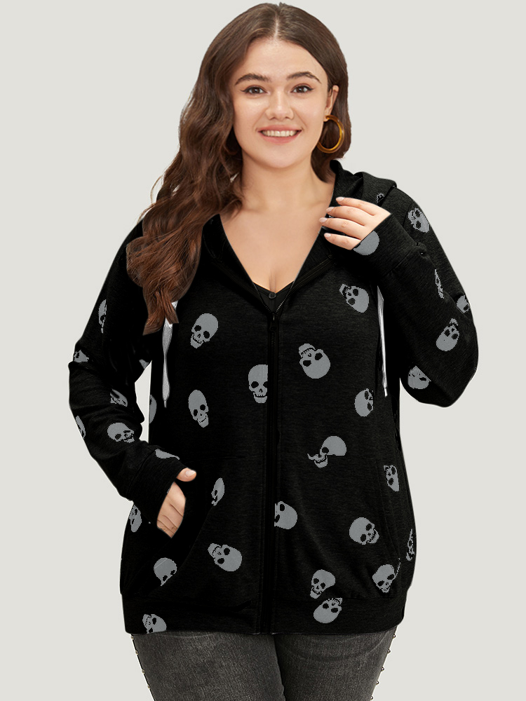 

Plus Size Halloween Skull Print Pocket Zipper Hooded Sweatshirt Women Black Casual Elastic cuffs Hooded Festival-Halloween Sweatshirts BloomChic