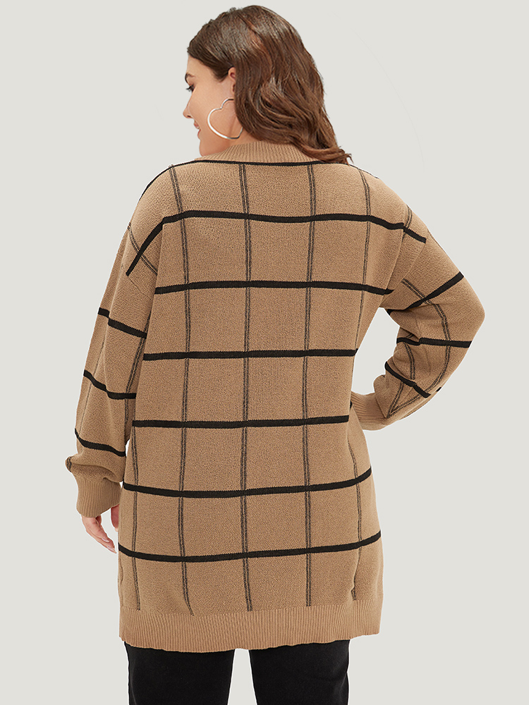 

Plus Size Plaid Striped Button Through Cardigan Tan Women Casual Loose Long Sleeve Everyday Cardigans BloomChic