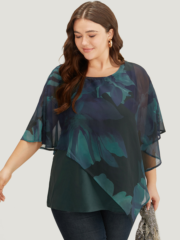 

Plus Size Aegean Floral Mesh Asymmetrical Dolman Sleeve Blouse Women Glamour Short sleeve Round Neck Going out Blouses BloomChic