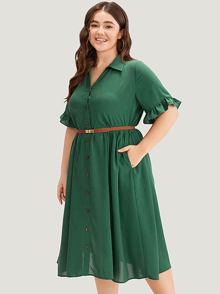 

Plus Size Plain Ruffles Pocket Button Up Pleated Frill Trim Dress Emerald Women Plain Lapel Collar Short sleeve Curvy Midi Dress BloomChic