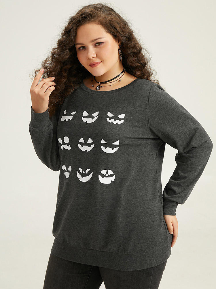Plus Size Round Neck Halloween Print Sweatshirt Women DimGray Casual Printed Festival-Halloween Sweatshirts BloomChic 28/5X 